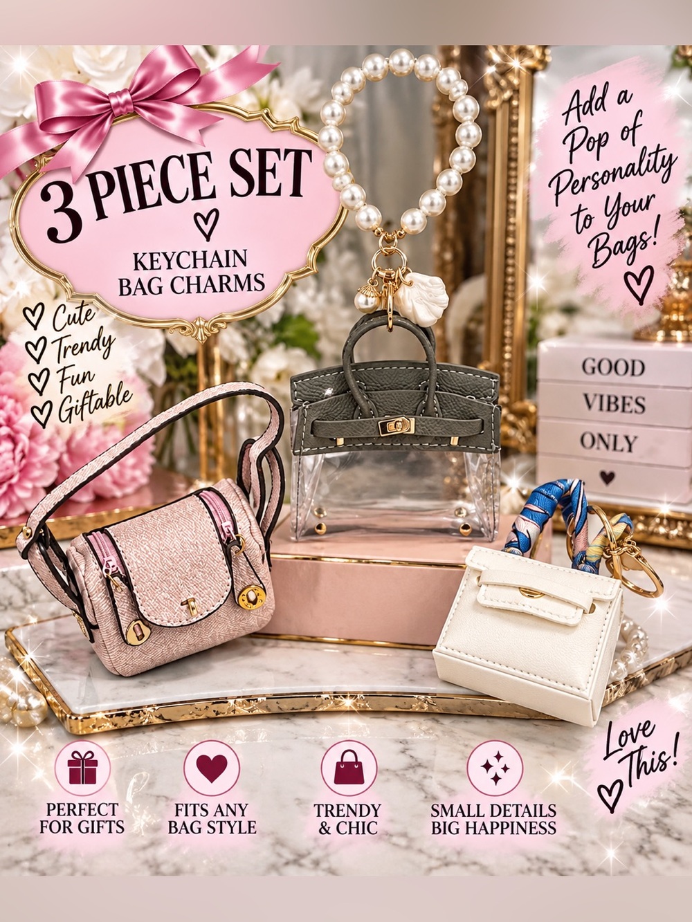 3 piece working mini bag keychain bag charms